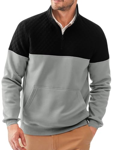 PADOLA Pullover Herren Kent Kragen 1/4 Zip Hoodie Herren Farbblock Sweatshirt mit Fleece Winter Warm Kapuzenpullover Langarm Fleecepullover Patchwork Strickpullover Übergangsjacke (M, Grau) von PADOLA