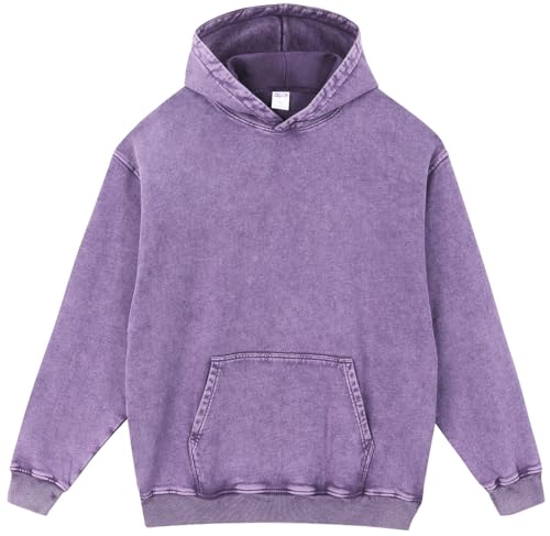 PADOLA Oversized Hoodie Pullover Herren Ausgewaschener Kapuzenpullover Dicke Baumwolle Sweatshirt Y2K Vintage Jacke Used-Look Basic Langarmshirt Rerto Strickjacke Übergangsjacke (2XL, Lila) von PADOLA
