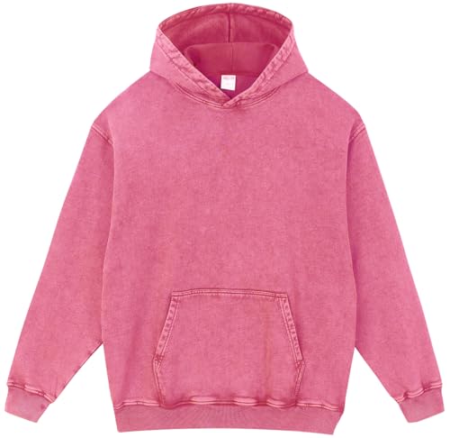 PADOLA Oversized Hoodie Pullover Herren Ausgewaschener Kapuzenpullover Dicke Baumwolle Sweatshirt Y2K Vintage Jacke Used-Look Basic Langarmshirt Rerto Strickjacke Übergangsjacke (L, Rosarot) von PADOLA