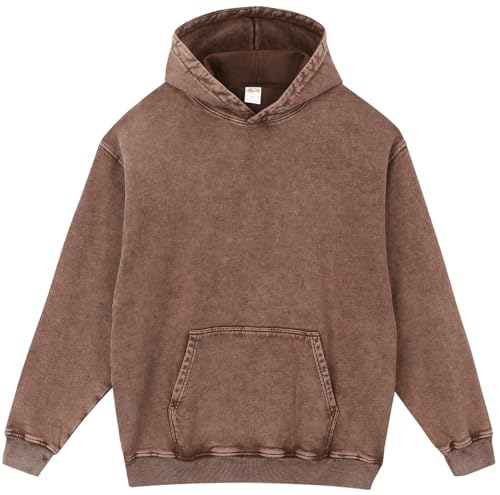 PADOLA Oversized Hoodie Pullover Herren Ausgewaschener Kapuzenpullover Dicke Baumwolle Sweatshirt Y2K Vintage Jacke Used-Look Basic Langarmshirt Rerto Strickjacke Übergangsjacke (M, Braun) von PADOLA