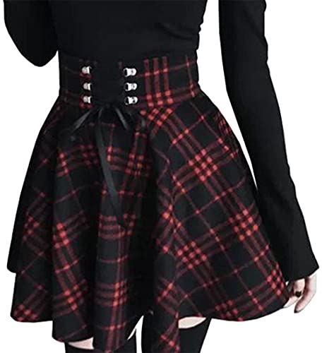 PADOLA Damen Faltenrock A-Linie Gothic Rock Kariert Plaid Rock High Waist Plissee Minirock Schulmädchen Rock Gothic Skirt zum Schnüren (Schwarz Rot Plaid, S) von PADOLA