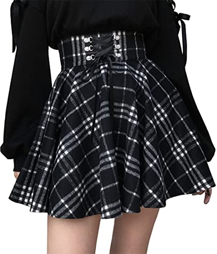 PADOLA Damen Faltenrock A-Linie Gothic Rock Kariert Plaid Rock High Waist Plissee Minirock Schulmädchen Rock Gothic Skirt zum Schnüren (Schwarz Weiß Plaid, L) von PADOLA