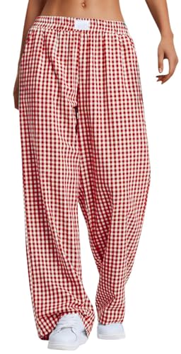 PADOLA Sommerhose Damen Leicht Karo Leinenhose Karierte Schlafhose Elastischer Bund Hosen Weites Bein Lange Schlafanzughose mit Steitentaschen Palazzo Pyjamahose Haremshose Yogahose (0 Rot, L) von PADOLA