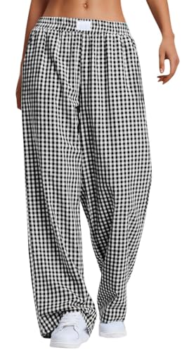PADOLA Sommerhose Damen Leicht Karo Leinenhose Karierte Schlafhose Elastischer Bund Hosen Weites Bein Lange Schlafanzughose mit Steitentaschen Palazzo Pyjamahose Haremshose Yogahose (0 Schwarz, M) von PADOLA