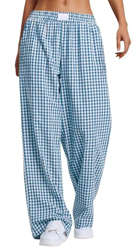PADOLA Sommerhose Damen Leicht Karo Leinenhose Karierte Schlafhose Elastischer Bund Hosen Weites Bein Lange Schlafanzughose mit Steitentaschen Palazzo Pyjamahose Haremshose Yogahose (1 Blau, M) von PADOLA