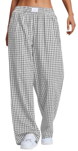 PADOLA Sommerhose Damen Leicht Karo Leinenhose Karierte Schlafhose Elastischer Bund Hosen Weites Bein Lange Schlafanzughose mit Steitentaschen Palazzo Pyjamahose Haremshose Yogahose (2 Grau, XL) von PADOLA