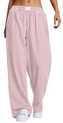 PADOLA Sommerhose Damen Leicht Karo Leinenhose Karierte Schlafhose Elastischer Bund Hosen Weites Bein Lange Schlafanzughose mit Steitentaschen Palazzo Pyjamahose Haremshose Yogahose (2 Pink, S) von PADOLA