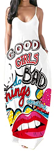 PADOLA Sommerkleid Damen Ärmellose Kleider Damen Sommer Strandkleid mit Taschen Casual Maxikleid Blumenmuster Boho Kleid Spaghettiträger Kleid Vintage Chic Elegant (1 Buchstabe, M) von PADOLA