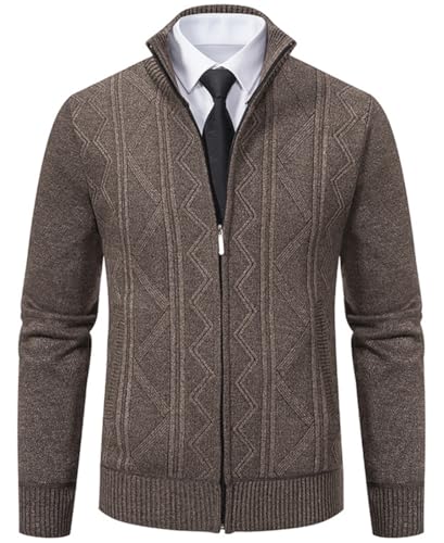 PADOLA Strickjacke Herren Trachtenjacke mit Reißverschluß Stehkragen Fleecejacke Zopfmuster Cardigan mit Taschen Winterjacke Sweatjacke mit Fleece Übergangsjacke Pullover Winter (Braun, M) von PADOLA