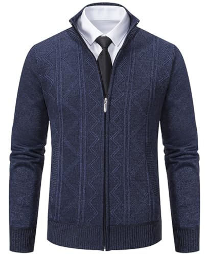 PADOLA Strickjacke Herren Trachtenjacke mit Reißverschluß Stehkragen Fleecejacke Zopfmuster Cardigan mit Taschen Winterjacke Sweatjacke mit Fleece Übergangsjacke Pullover Winter (Dunkelblau, L) von PADOLA