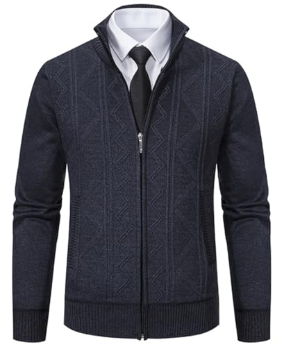 PADOLA Strickjacke Herren Trachtenjacke mit Reißverschluß Stehkragen Fleecejacke Zopfmuster Cardigan mit Taschen Winterjacke Sweatjacke mit Fleece Übergangsjacke Pullover Winter (Grau, XL) von PADOLA