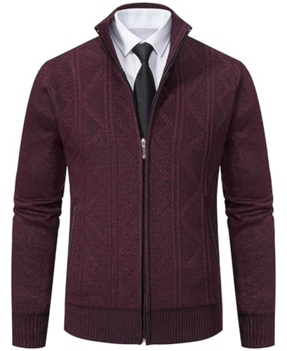 PADOLA Strickjacke Herren Trachtenjacke mit Reißverschluß Stehkragen Fleecejacke Zopfmuster Cardigan mit Taschen Winterjacke Sweatjacke mit Fleece Übergangsjacke Pullover Winter (Weinrot, XL) von PADOLA