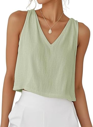 PADOLA Tank Top Damen Sommer Leinen V-Ausschnitt Tops Kurze Elegante Oberteile Ärmellose Shirts Baumwolle Einfarbige T-Shirts Basic Blusentop Musselin Tanktops Trägertop Trägershirt (0 Hellgrün, XS) von PADOLA