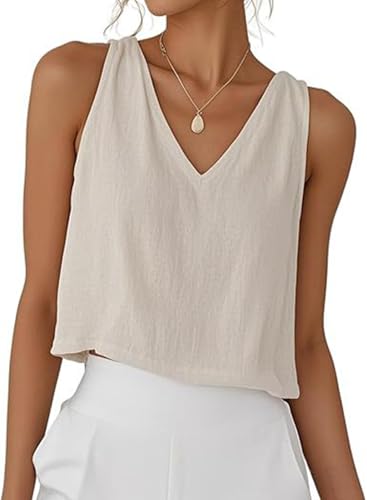PADOLA Tank Top Damen Sommer Leinen V-Ausschnitt Tops Kurze Elegante Oberteile Ärmellose Shirts Baumwolle Einfarbige T-Shirts Basic Blusentop Musselin Tanktops Trägertop Trägershirt (1 Beige, 2XL) von PADOLA