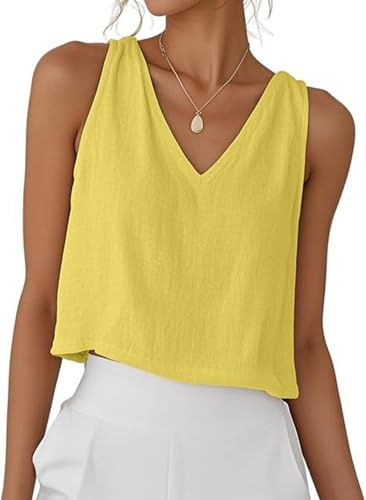 PADOLA Tank Top Damen Sommer Leinen V-Ausschnitt Tops Kurze Elegante Oberteile Ärmellose Shirts Baumwolle Einfarbige T-Shirts Basic Blusentop Musselin Tanktops Trägertop Trägershirt (3 Gelb, XL) von PADOLA