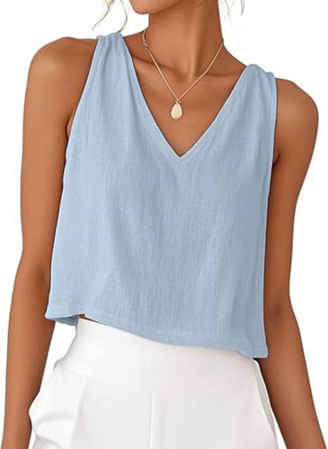 PADOLA Tank Top Damen Sommer Leinen V-Ausschnitt Tops Kurze Elegante Oberteile Ärmellose Shirts Baumwolle Einfarbige T-Shirts Basic Blusentop Musselin Tanktops Trägertop Trägershirt (0 Blau, 2XL) von PADOLA