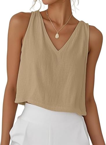PADOLA Tank Top Damen Sommer Leinen V-Ausschnitt Tops Kurze Elegante Oberteile Ärmellose Shirts Baumwolle Einfarbige T-Shirts Basic Blusentop Musselin Tanktops Trägertop Trägershirt (Khaki, M) von PADOLA