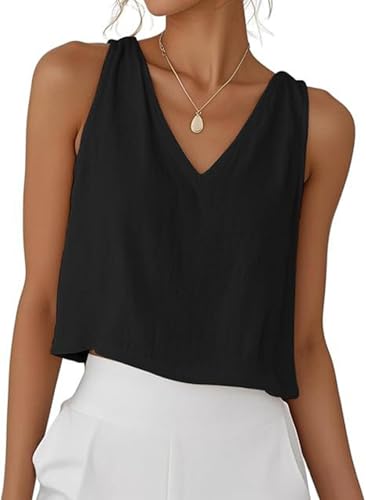 PADOLA Tank Top Damen Sommer Leinen V-Ausschnitt Tops Kurze Elegante Oberteile Ärmellose Shirts Baumwolle Einfarbige T-Shirts Basic Blusentop Musselin Tanktops Trägertop Trägershirt (2 Schwarz, L) von PADOLA