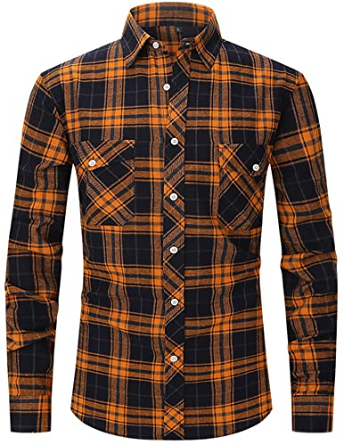 PADOLA Hemd Herren Kariertes Hemd Langarm Flanellhemd Button Down Holzfällerhemd Karohemd Oktoberfest Plaid Shirt Winterhemd Trachtenhemd Arbeitshemd Freizeithemden für Herren (Orange, XL) von PADOLA