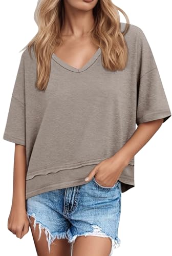 PADOLA Tshirt Damen Sommer Basic T Shirt V-Ausschnitt T-Shirts für Damen Baumwolle T-Shirt Kurzarm Shirts Einfarbige Oberteile Elegante Bluse Lässiges Tunika Casual Lose Tops (2 Khaki, M) von PADOLA