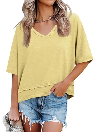 PADOLA Tshirt Damen Sommer Basic T Shirt V-Ausschnitt T-Shirts für Damen Baumwolle T-Shirt Kurzarm Shirts Einfarbige Oberteile Elegante Bluse Lässiges Tunika Casual Lose Tops (Gelb, M) von PADOLA