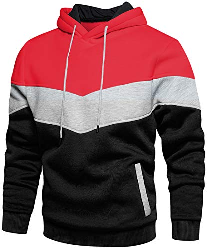 PADOLA Herren Kapuzenpullover Patchwork Pullover Camouflage Hoodie Y2K Langarm Farbblock Sweatshirt Winter Warm Strickjacke Basic Winterjacke Kordelzug Sweatjacke Geschenke (Rot, XL) von PADOLA