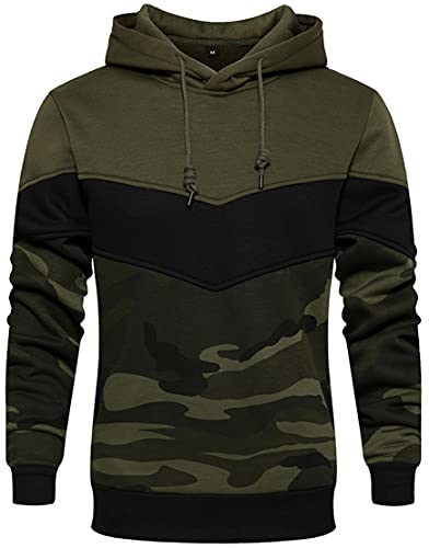 PADOLA Herren Kapuzenpullover Patchwork Pullover Camouflage Fleecepullover Langarm Farbblock Strickjacke Basic Winter Warm Pullover Hip Hop Streetwear (Tarnung Armeegrün, L) von PADOLA