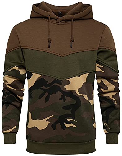 PADOLA Herren Kapuzenpullover Patchwork Pullover Camouflage Fleecepullover Langarm Farbblock Strickjacke Basic Winter Warm Pullover Hip Hop Streetwear (Tarnung Braun, L) von PADOLA