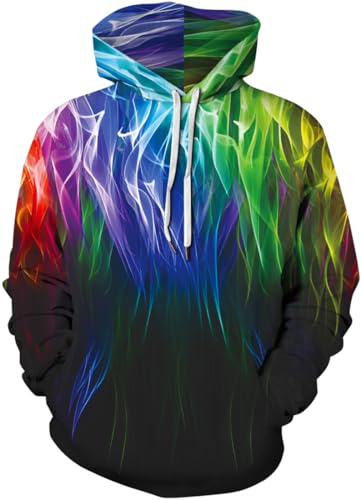 PADOLA Weihnachts Hoodie Herren 3D Druck Weihnachtspullover mit Tasche Casual Weihnachtspulli Christmas Hoodie X-Mas Sweatshirt Halloween Weihnachten Christmas Motiv (Bunte Flamme Grün, L) von PADOLA