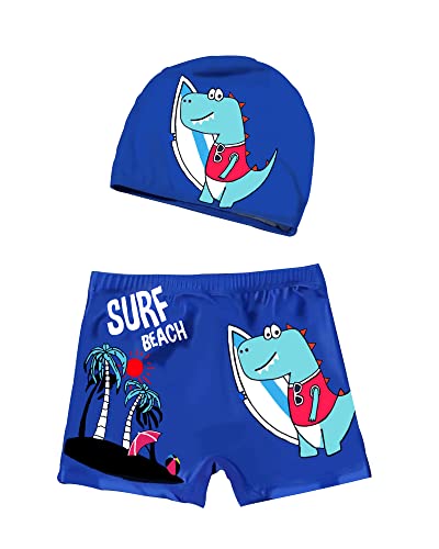 PAEHUIMT Badehose-Set für Jungen, Shorts mit Cartoon-Muster und Badekappe aus Stoff (5-6 Jahre, Dunkelblau) von PAEHUIMT