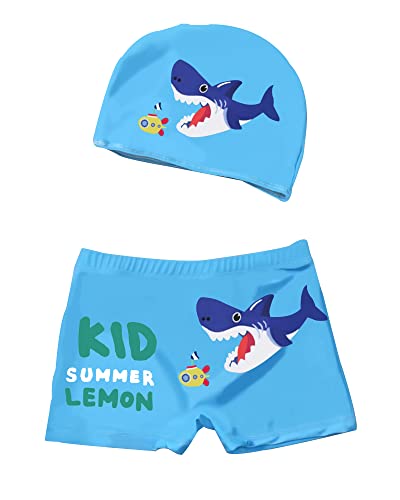 PAEHUIMT Badehose-Set für Jungen, Shorts mit Cartoon-Muster und Badekappe aus Stoff (5-6 Jahre, Hellblau) von PAEHUIMT