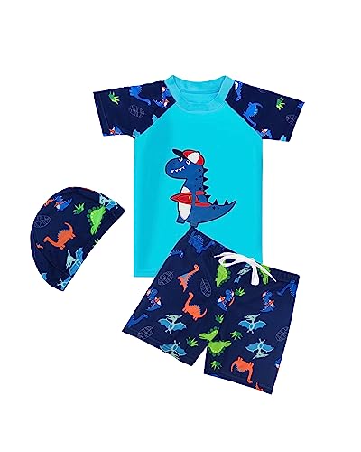 PAEHUIMT Badehose Jungen und Uv Shirt Kinder, Badeshorts, Schwimmshirt, Uv Schutzkleidung, 3 Pcs Set, Dinosaurier (3-4 Jahre) von PAEHUIMT