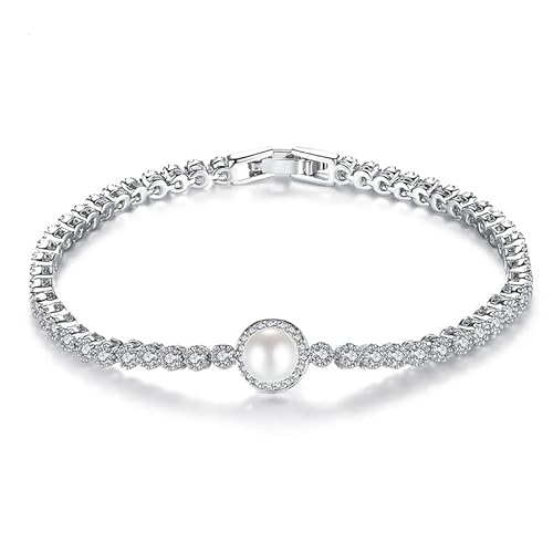 14 Karat Gold Süßwasserperlen-Armband für Damen, zierliche weiße Zuchtperle, Moissanit-Gliederarmband, modisches Perlenschmuck, Geschenk für Sie, 6.7" (17cm), Weißgold, Perle von PAENENPH