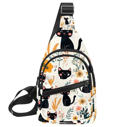 Süße schwarze Katzen und Blumen (7) Brust-Tagesrucksack, Crossbody-Rucksack für Damen und Herren, Mehrfarbig 14, 11.8x7x1.5in/30x18x4cm von PAFEFO