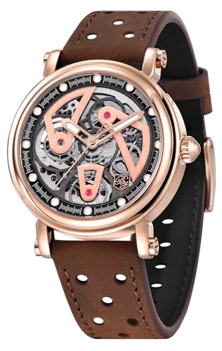 Benyar Herren Skelett Uhren Automatische Mechanische Armbanduhr für Männer mit Lederband Klassisch Retro von PAGRNE DESIGN