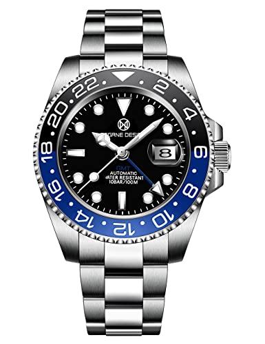 PAGRNE DESIGN GMT Uhr Herren mechanische Automatikuhr Edelstahl 40MM Tischdurchmesser 100M wasserdicht Analog Datum Saphirglas Spiegel Keramik Lünette (3 Schwarz Blau) von PAGRNE DESIGN