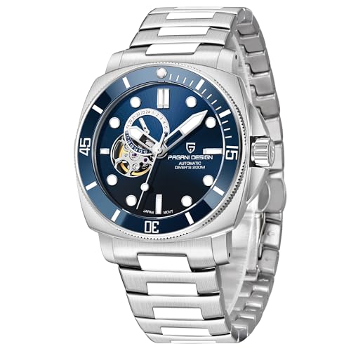 Pagane Design Armbanduhr für Herren, automatische mechanische Uhren, 200 m wasserdicht, Skelett, NH39-Uhrwerk, Saphirglas, Blau, Casual von PAGRNE DESIGN