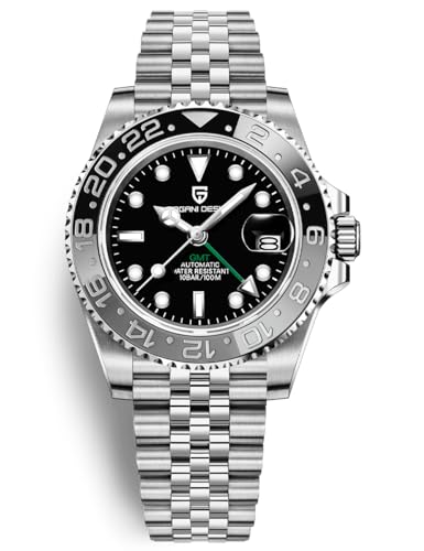 Pagani Design Herrenuhr Automatik Mechanische Uhr GMT Dual-Zeitzone Armbanduhren Edelstahl Zweifarbige Keramiklünette 100M Wasserdicht PD-1662 (Jubiläum Schwarz Grau) von PAGRNE DESIGN