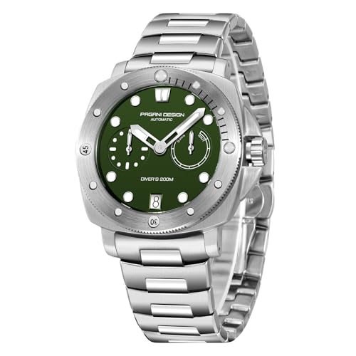 Pagani Design 1767 Herren-Automatikuhr synthetischer Saphir Edelstahlgehäuse 20 bar wasserdichtes Lederarmband lässige Herrenuhr（Stahlgürtel grün） von PAGRNE DESIGN