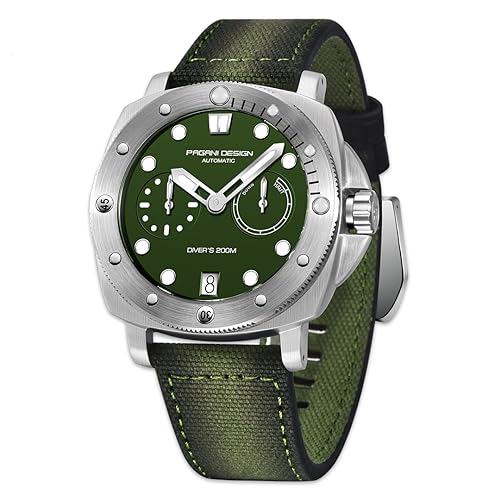 Pagani Design 1767 Herren-Automatikuhr synthetischer Saphir Edelstahlgehäuse 20 bar wasserdichtes Lederarmband lässige Herrenuhr (Silber-grün) von PAGRNE DESIGN