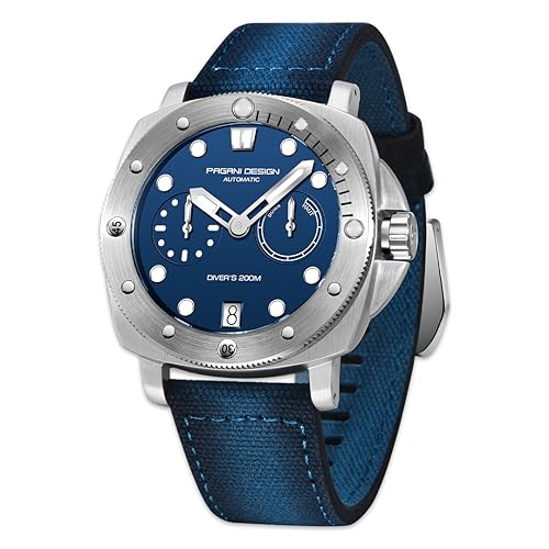 Pagani Design 1767 Herren-Automatikuhr synthetischer Saphir Edelstahlgehäuse 20 bar wasserdichtes Lederarmband lässige Herrenuhr (Silber und Blau) von PAGRNE DESIGN