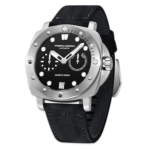 Pagani Design 1767 Herren-Automatikuhr synthetischer Saphir Edelstahlgehäuse 20 bar wasserdichtes Lederarmband lässige Herrenuhr (Silber und Schwarz) von PAGRNE DESIGN