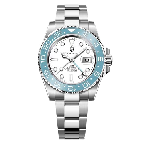 Pagani Design GMT Herren 40 mm Automatikuhr Saphirglas Edelstahl 100 Wasserbeständigkeit Analoguhr Mechanische Herrenuhren Geschenkuhr für Herren（Himmelblau Weiß-3） von PAGRNE DESIGN