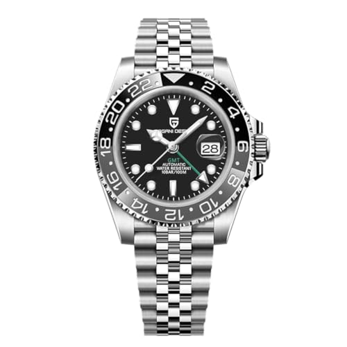 Pagani Design GMT Herren 40 mm Automatikuhr Saphirglas Edelstahl 100 Wasserbeständigkeit Analoguhr Mechanische Herrenuhren Geschenkuhr für Herren(Stahlband schwarz grau-5) von PAGRNE DESIGN
