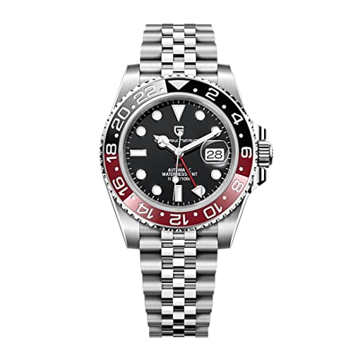 Pagani Design GMT Herren 40 mm Automatikuhr Saphirglas Edelstahl 100 Wasserbeständigkeit Analoguhr Mechanische Herrenuhren Geschenkuhr für Herren(Fünf Perlen Schwarz Rot) von PAGRNE DESIGN