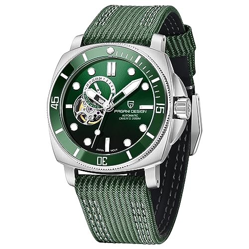 Pagani Design Herren Automatik Uhren Japan NH39 Mechanische Skelett Wasserdicht Armbanduhr für Männer Militär Stil Nylon Armband von PAGRNE DESIGN