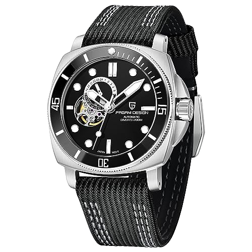 Pagani Design Herren Automatik Uhren Japan NH39 Mechanische Skelett Wasserdicht Armbanduhr für Männer Militär Stil Nylon Armband von PAGRNE DESIGN