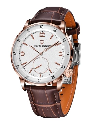 Pagani Design Herren Automatikuhr 42MM Großes Zifferblatt Design Edelstahl Lünette Saphirglas Linse Mechanisches Uhrwerk 100M Wasserdicht Einfach zu lesen Casual Business Lederuhr(Goldenes Weiß) von PAGRNE DESIGN