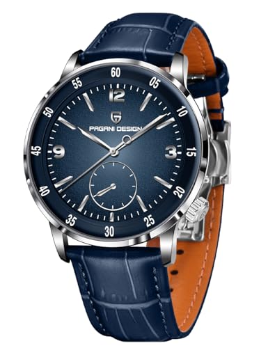 Pagani Design Herren Automatikuhr 42MM Großes Zifferblatt Design Edelstahl Lünette Saphirglas Linse Mechanisches Uhrwerk 100M Wasserdicht Einfach zu lesen Casual Business Lederuhr(Silber Blau) von PAGRNE DESIGN