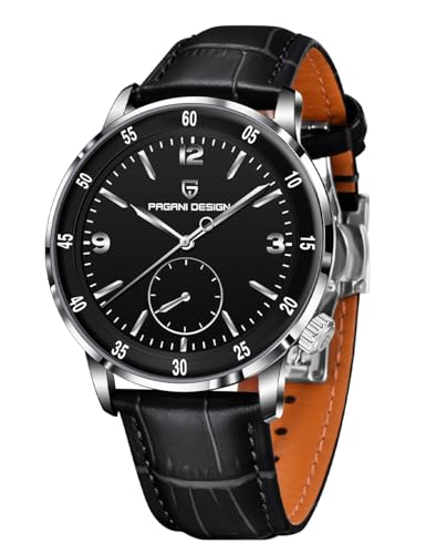 Pagani Design Herren Automatikuhr 42MM Großes Zifferblatt Design Edelstahl Lünette Saphirglas Linse Mechanisches Uhrwerk 100M Wasserdicht Einfach zu lesen Casual Business Lederuhr(Silber Schwarz) von PAGRNE DESIGN